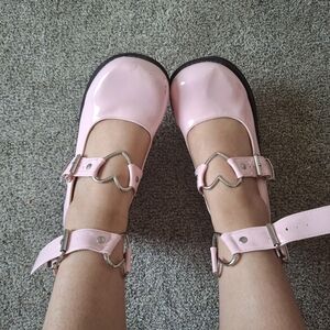 Demonia Pink Heart Buckle Moccasins